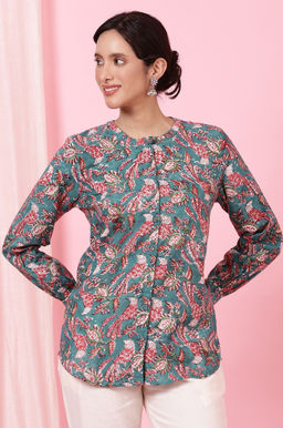 Folksong - Teal Handblock Printed Shirt