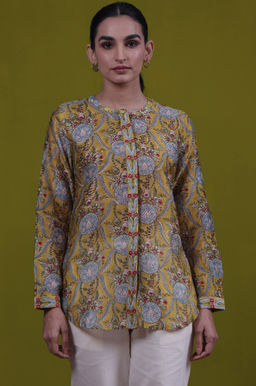 Folksong - Floral Printed Mirror work Straight Cotton Blend Top