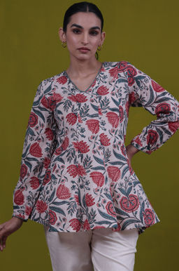 Folksong - Floral Printed Mirror work Flared Pure Cotton Top