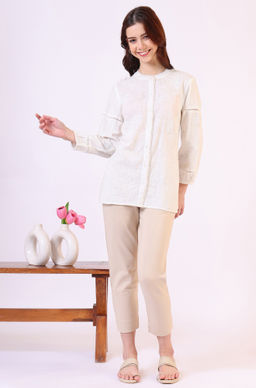 W - Pure Cotton Button Down White Shirt With Tonal Embroidery