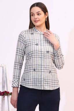 W - Off-White and Blue Checker Thread Embroidered Cotton Flax Shirt