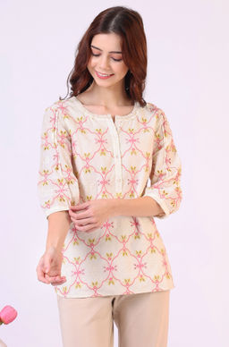 W - Thread Embroidered Straight Pure Cotton Ethnic LaceTop