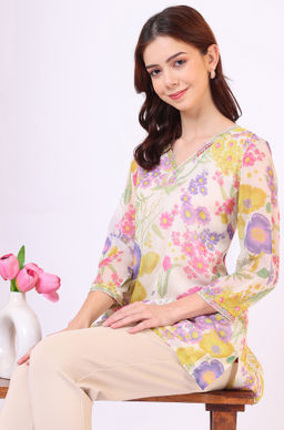 W - Floral Printed Straight Chiffon Ethnic Top