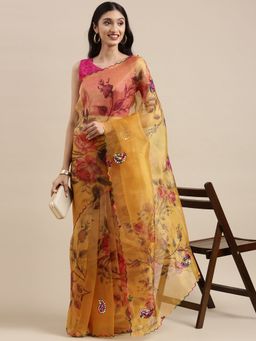 Vastranand - Mustard Organza Party Wear Saree With Multi Colour Aari Work Butta with Unstitched Blouse