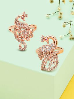 Zaveri Pearls - Set of 2 Rose Gold Peacock Inspired Cubic Zirconia Finger Rings-ZPFK13369