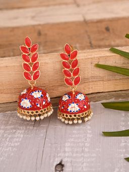 VIRAASI - Red Leaf Design Handcrafted Meenakari Jhumka Earrings for Women and Girls