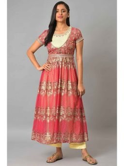 Aurelia - Pink Ornated Long Gilet With Yellow Inner Kurta And Trousers (Set of 3)