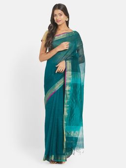 Fabindia - Teal Maheshwari Cotton Silk Stitched Saree without Blouse