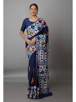 Unnati Silks - Navy Blue Pure Batik Kota Cotton Saree with Unstitched Blouse
