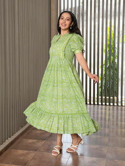 Aaheli - Green Floral Jaal Block Printed Dress