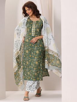 Libas - Green Floral Kurta with Salwar and Dupatta (Set of 3)