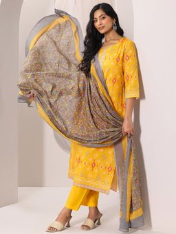 Libas - Mustard Floral Printed Straight Kurta with Pant and Dupatta (Set of 3)