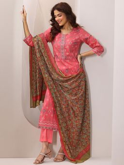 Libas - Coral Floral Printed Straight Kurta with Pant and Dupatta (Set of 3)