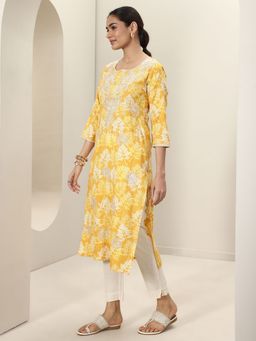 Libas - Yellow Floral Printed and Embroidered Straight Kurta