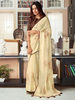 Odette - Womens Silk Blend Off White Embellished Designer Saree with Unstitched Blouse