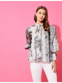 ANVI Be Yourself - Grey Snake Skin Print Tie-up Neck Crepe Regular Top