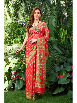 Beatitude - Red Jacquard Jamdani Cotton Silk Saree with Unstitched Blouse