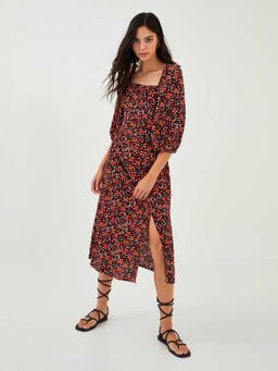 LC WAIKIKI - Women Floral A Cut Leatherette Fabric Black Dress