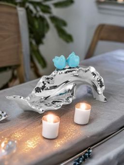 At Home by Nilkamal - Bird On Leaf Decorative Platter -Seagreen & Silver