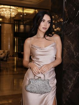 Odette - Light Grey Silk Blend Embellished Clutch For Women