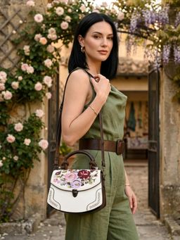 Odette - White And Brown Pu Embroidered Hand Bag For Women
