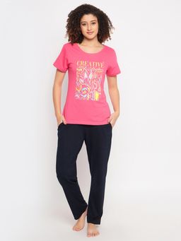 Clovia - Cotton Printed Round Neck T-Shirt and Pyjama (Set of 2)