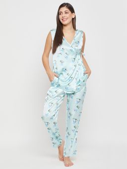 Clovia - Blue Satin Printed Top with Pyjama (Set of 2)