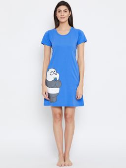 Clovia - Blue Cotton Printed Short Night Dress