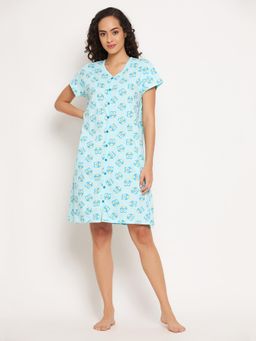 Clovia - Light Blue Cotton Printed Short Night Dress