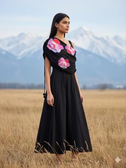 KALALOOM - Black Floral Drawstring Dress