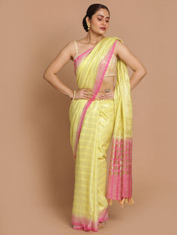 Indethnic - Banarasi Yellow Woven Stripes Daily Wear Saree With Unstitched Blouse