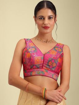 Niraha - Pink Silk Woven Sleeveless Stitched Readymade Blouse