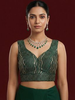 Niraha - Green Silk Embroidered Sleeveless Stitched Readymade Blouse