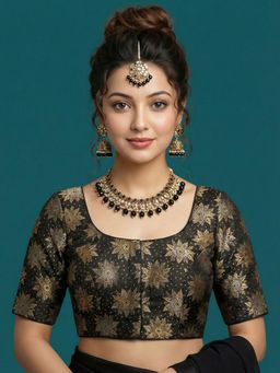 Niraha - Black Silk Floral Half Sleeves Stitched Readymade Blouse