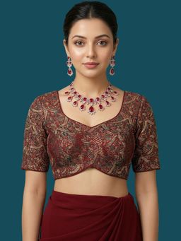 Niraha - Maroon Silk Woven Half Sleeves Stitched Readymade Blouse