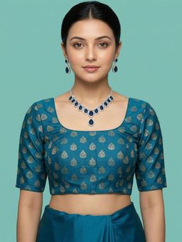 Niraha - Teal Silk Woven Half Sleeves Stitched Readymade Blouse