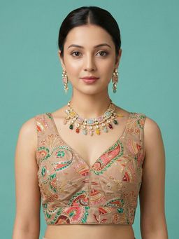 Niraha - Beige Silk Embroidered Sleeveless Stitched Readymade Blouse