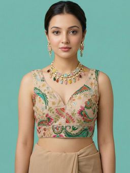 Niraha - Beige Silk Embroidered Sleeveless Stitched Readymade Blouse
