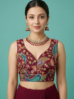 Niraha - Maroon Silk Embroidered Sleeveless Stitched Readymade Blouse