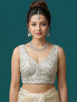 Niraha - Silver Silk Embellished/Sequined Sleeveless Stitched Readymade Blouse