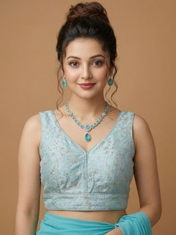 Niraha - Blue Silk Embroidered Sleeveless Stitched Readymade Blouse
