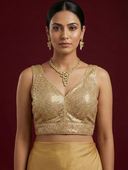 Niraha - Gold Silk Embellished/Sequined Sleeveless Stitched Readymade Blouse