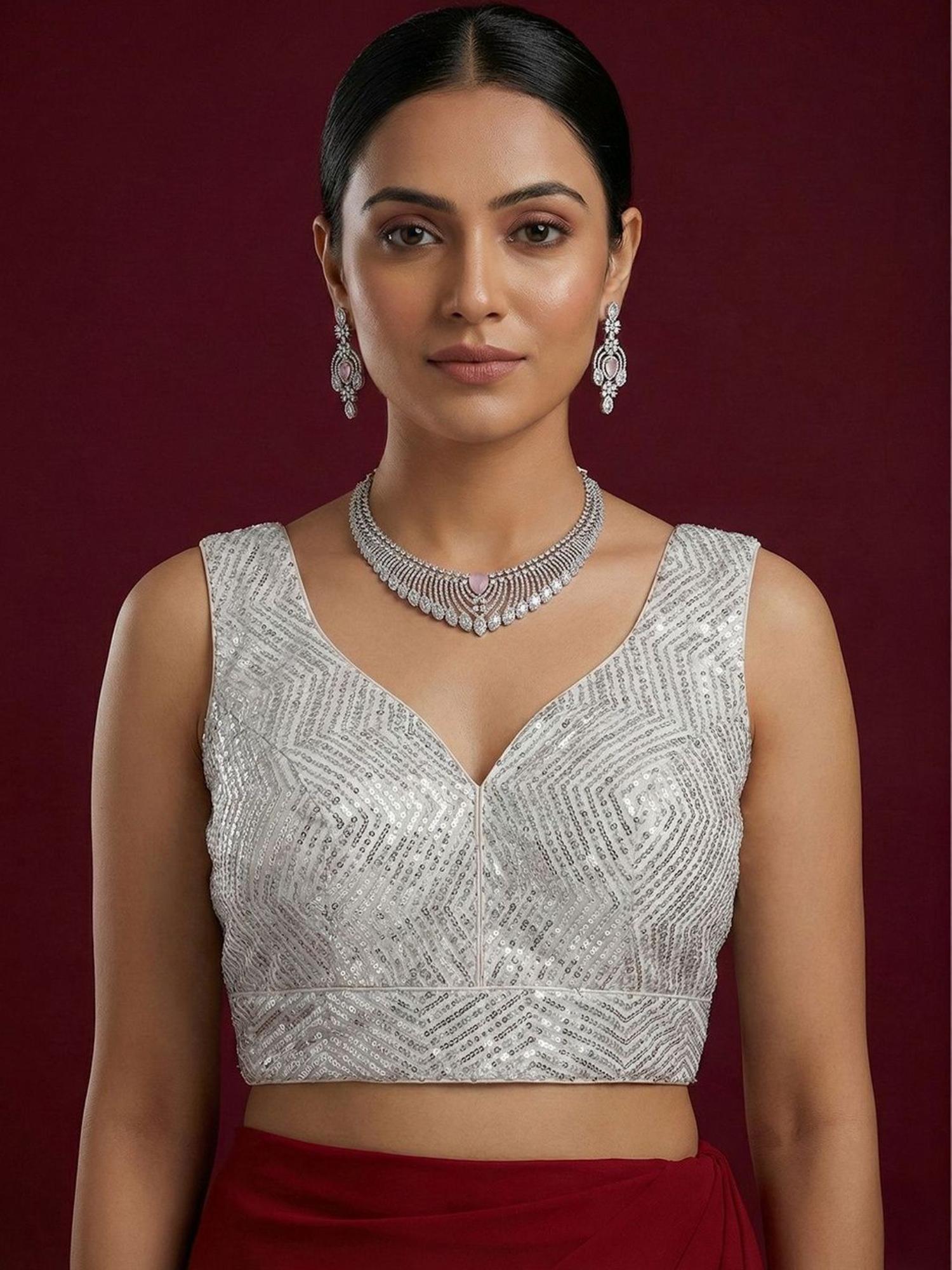 niraha Silver Silk Embellished/Sequined Sleeveless Stitched Readymade Blouse-picture-21