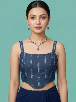 Niraha - Navy Blue Cotton Printed Sleeveless Stitched Readymade Blouse