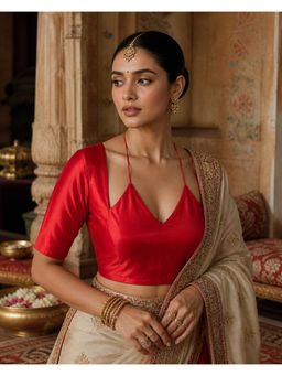Niraha - Red Satin Solid/Plain Half Sleeves Stitched Readymade Blouse