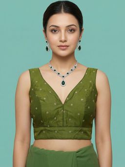Niraha - Green Silk Woven Sleeveless Stitched Readymade Blouse