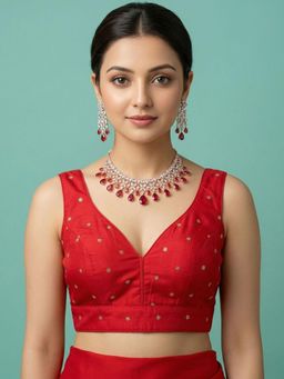 Niraha - Red Silk Woven Sleeveless Stitched Readymade Blouse