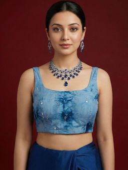 Niraha - Navy Blue Silk Woven Sleeveless Stitched Readymade Blouse