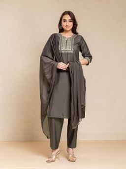 Suti - Women Grey Silk Blend Embroidered Kurta with Trouser and Dupatta