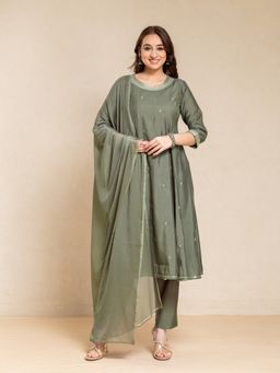 Suti - Women Olive Silk Blend Embroidered Kurta with Trouser and Dupatta